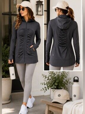 Lululemon Charcoal Grey Ruched Zip Hoodie Jacket Size 8 |Yoga Running Athleisurе
